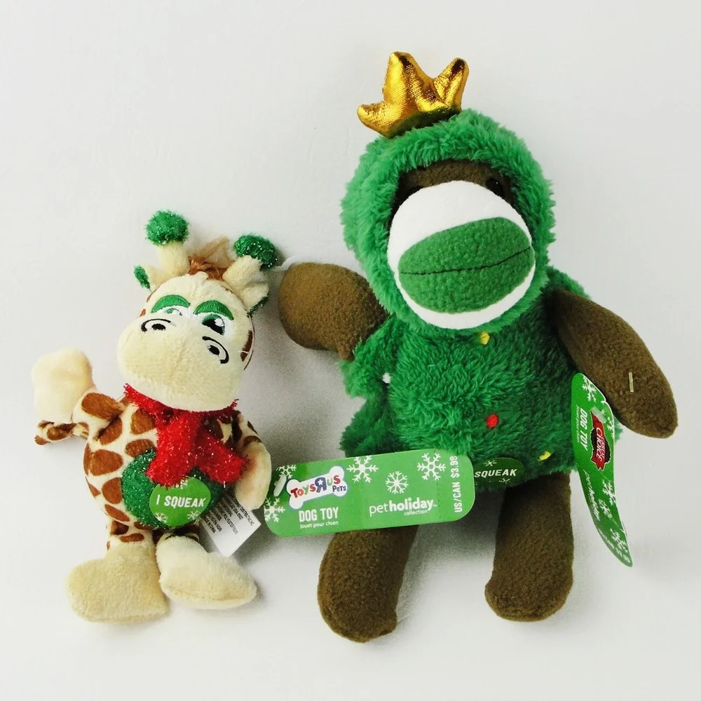 Toys R Us Dog Plush Christmas Tree Sock Monkey Geoffrey Giraffe Squeaky Toy